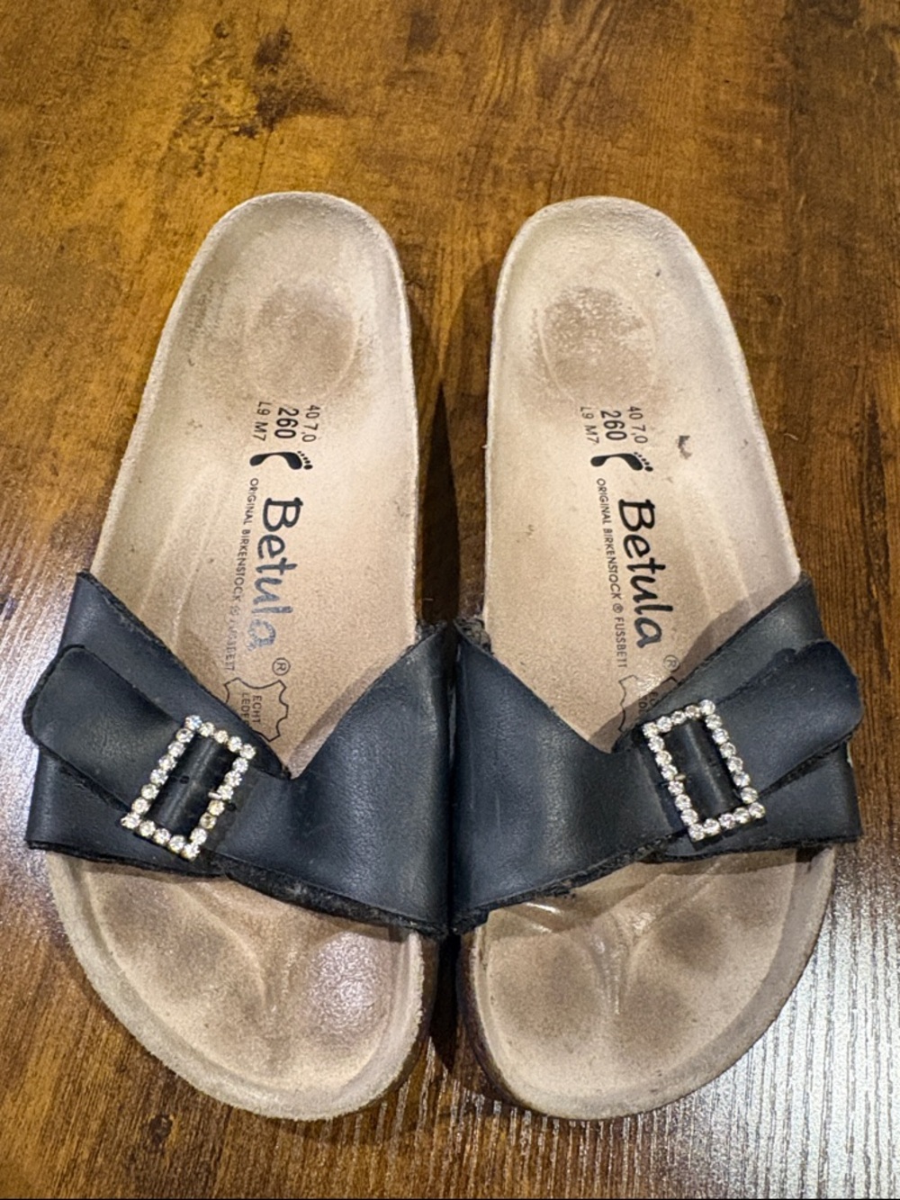 Betula Women's Black Slide Sandals with Rhinestone Buckle